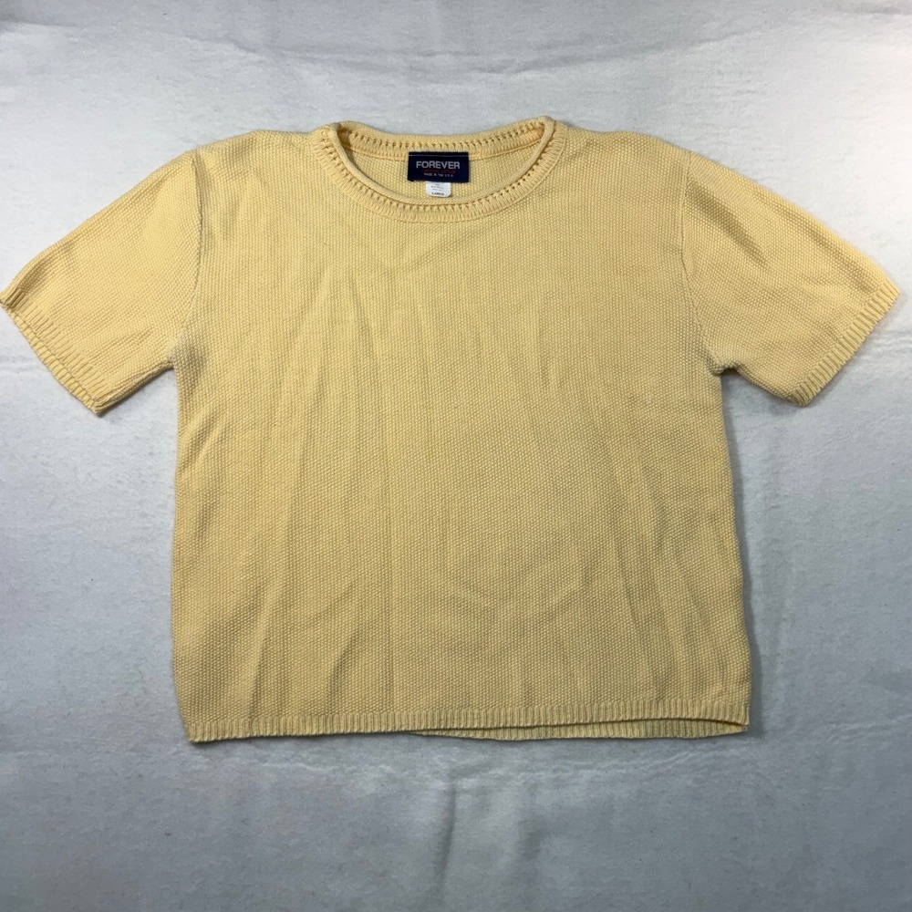 Forever Creative Cotton Yellow Short Sleeve Knit Sweater‎ Top Womens Large USA